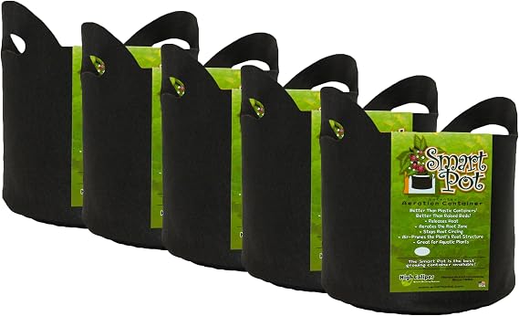Smart Pot Soft-Sided Fabric Garden Plant Container Aeration Planter Pots with Cut Handles, 3 Gallon, 5 Pack, Black