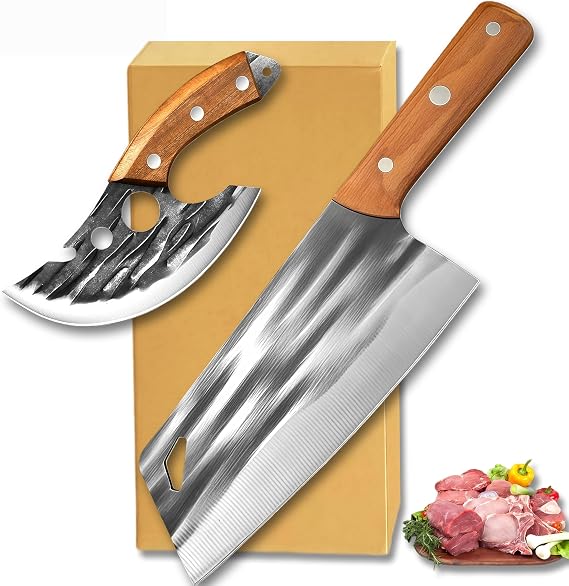 Kitchen Knife Set, Solid Wooden 2PCS Hand Forged Meat Cleaver Knife
