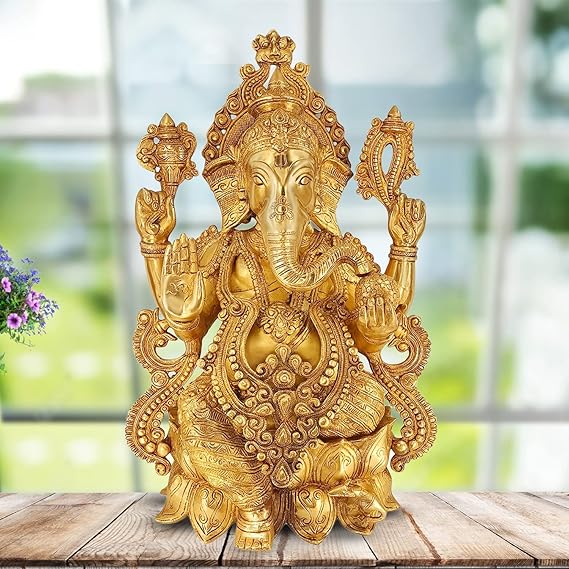 Kartique Brass Mangalkari Ganesha Sitting On Lotus Bhagwan Idol Ganesha Statue Ganpati Murti for Home Entrance Decor Diwali Gift Height 21 Inches Large Size