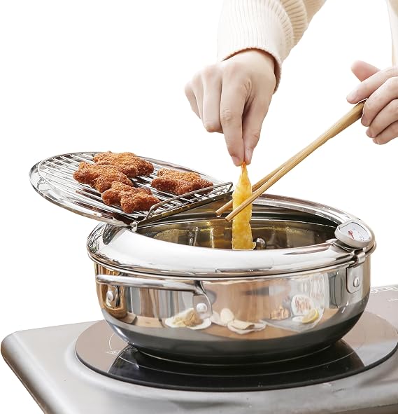 Saltlas Deep Fryer Pot (C), 11"/4.4Qt (4.2 L) Extra Large Tempura Frying Pot with Lid, 304 Stainless Steel Fry Pot with Temperature Control and Oil Drip Drain Rack