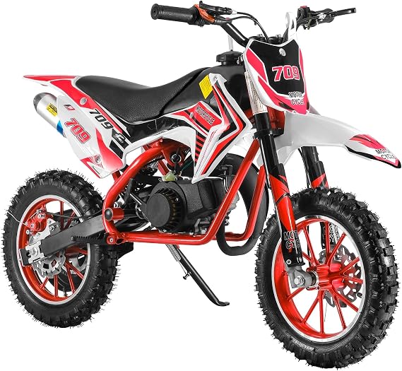 Saterkali 49cc Kids Dirt Bike, 2-Stroke Gas Power Motocross Off-Road Tires Shock Absorption Springs Soft Seat Cushion Pocket Motorbike with Front Rear Disc Brakes Red Fast Arrival Red