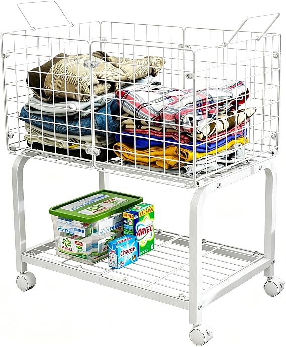 2-Tier Rolling Laundry Basket Cart with Wheels Handle and Divider