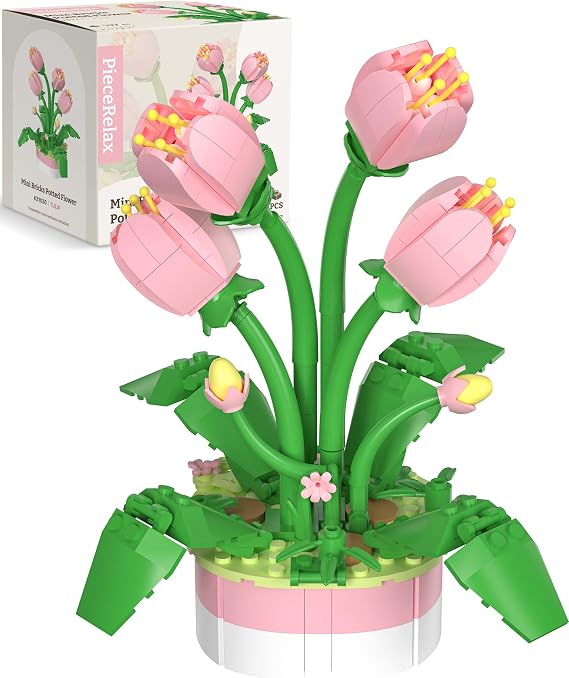 Flower Building Decoration Set - Mini Bricks Potted Plant - Tulip - Home Accessories Best Gift Valentine Decor for Him and Her Botanical for Adults [KZ1030]