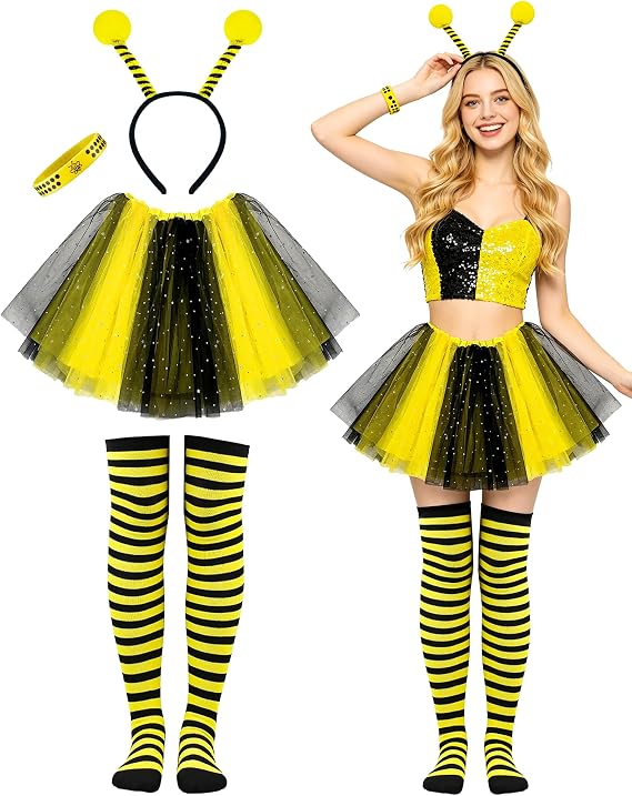 Bee Tutu Costume Bee Bopper Antenna Headband Tutu Set for Halloween Bee Birthday Themed Party Costume Black Yellow