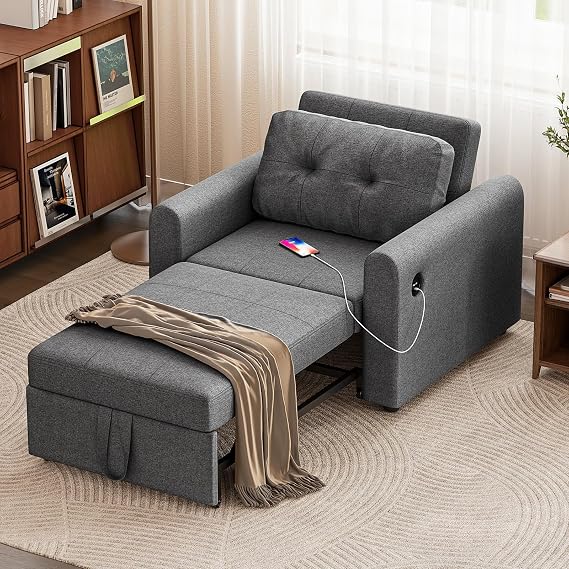 Single Sofa Bed Chair, 3-in-1 Convertible Pull Out Sofa Bed, Grey