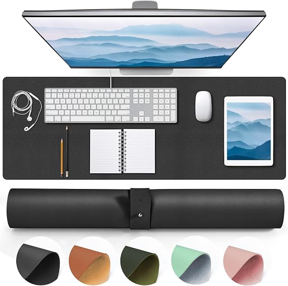 Black Leather Desk Mat, Non-Slip Large Computer Desk Pad Protector, Waterproof Office Desk Mouse Pad Blotter for Desktop Keyboard Gaming Home Decor (Black)