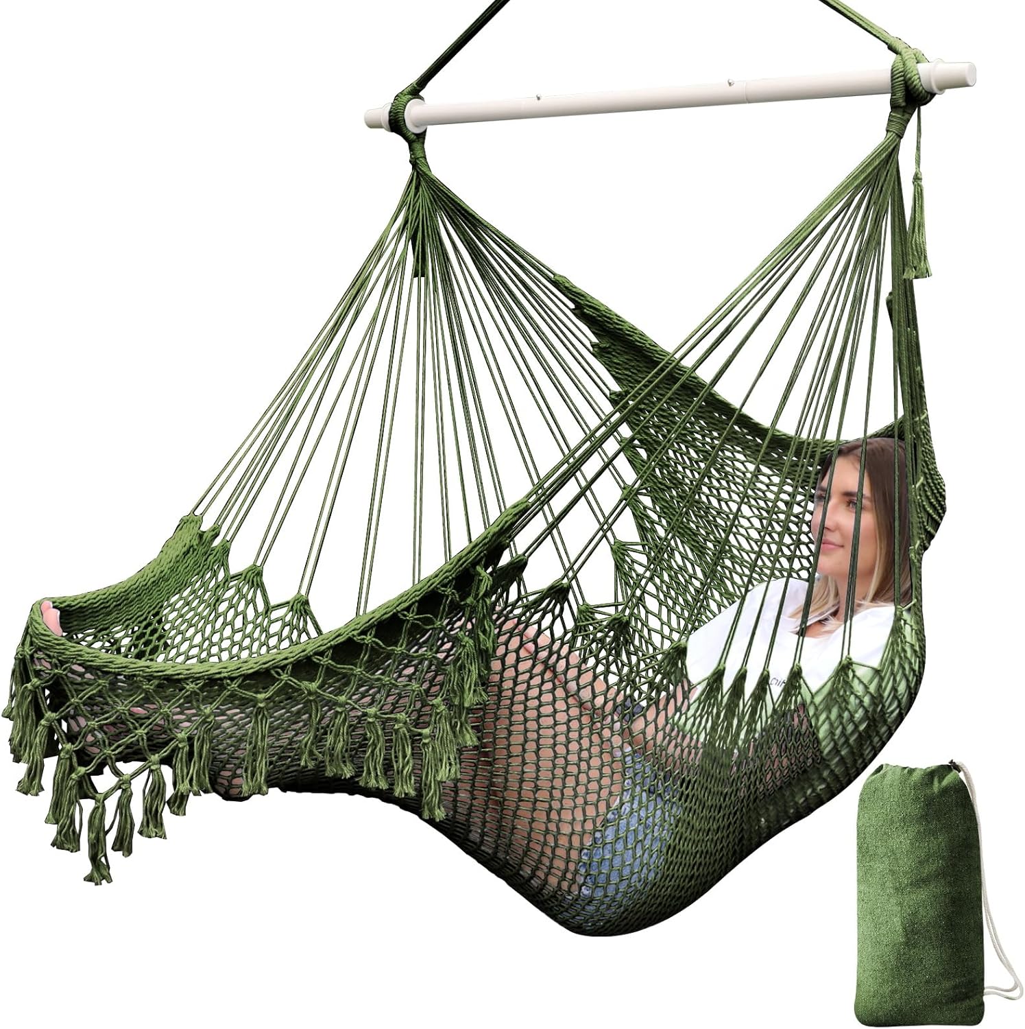 Chihee Hammock Chair Super Large Hanging Chair Soft-Spun Cotton Rope Weaving Chair, Collapsible Strong Metal Spreader Bar Wide Seat Lace Stretch Swing Chair Indoor Outdoor Garden Yard Theme Decoration