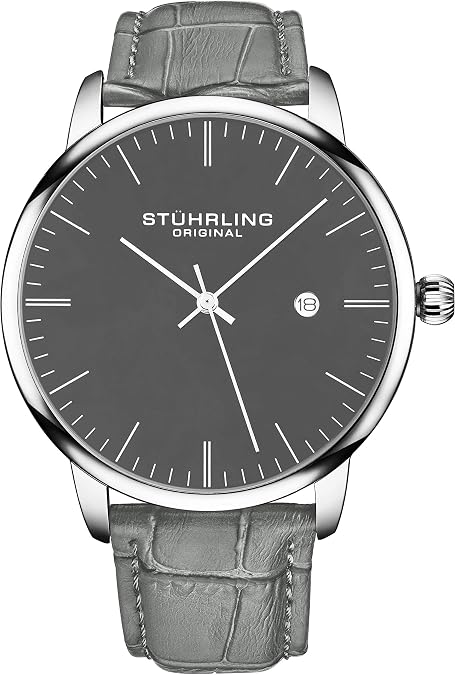 Stuhrling Original Mens Watch Calfskin Leather Strap - Dress + Casual Design - Analog Watch Dial with Date, 3997Z Watches for Men Collection (Grey Black)