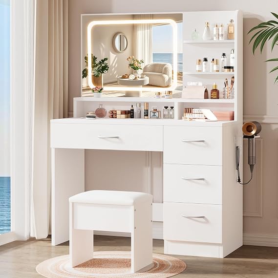 LIVELYGLOW White Makeup Vanity Desk with Charging Station & 4 Drawers