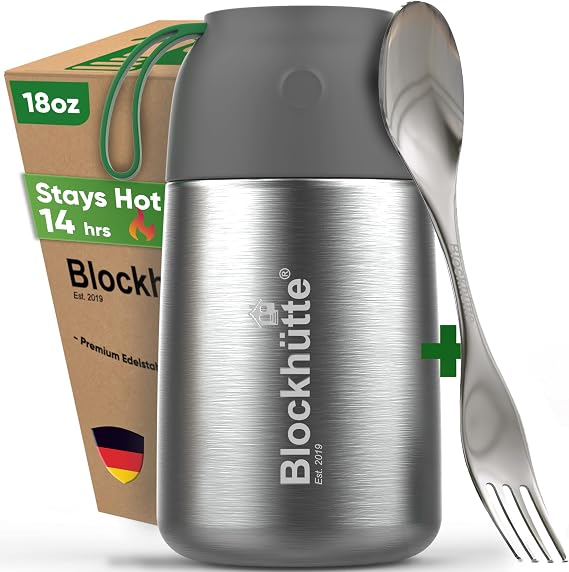 Blockhutte Small Thermo for hot Food Kids - 18 oz | Wide Mouth Food Flask with Spork & Brush | Stainless steel Soup Flask | Insulated Food Jar 14h Hot | Soup Thermo for Adults