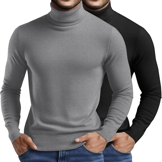 Riyiper 2 Pack Men's Turtleneck Sweater Slim Fit Knitted Basic Tops Lightweight Long Sleeve Ribbed Casual Pullover Top