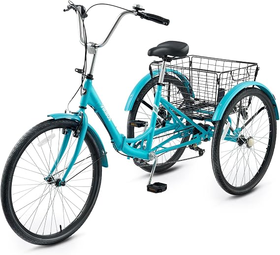 VIRIBUS Foldable Adult Tricycle, 7 Speed Folding Tricycle for Adults with Large Detachable Basket, 3 Wheel Folding Bikes for Men Women Seniors, Adult Tricycle Folding for Picnic Beach, 24" Teal