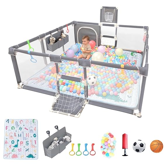 Playpen for Babies and Toddlers,73"x71"Baby Playpen with Mat Indoor&Outdoor with Breathable Play Pen with Ocean Balls Hanging Pocket Basketball Hoop and Football Goal (Grey with Mat, 73"x71")