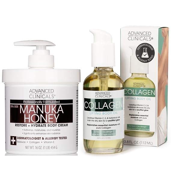 Advanced Clinicals Manuka Honey Hydrating Cream + Collagen Lifting Body Oil Set