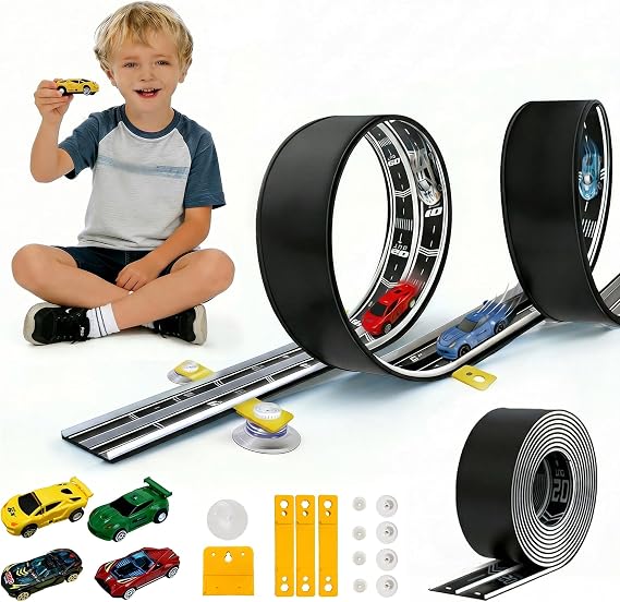 Flexible Race Track for Kids, 16.4 Ft Roll-Up Track for 1/64 Diecast Cars | Portable Roll-Up Design, Strong Suction Cups, Easy Storage, Indoor & Outdoor Play, Creative Racing Fun