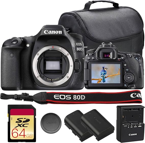 Canon EOS 80D DSLR Camera Bundle | 24.2MP APS-C Sensor, Dual Pixel CMOS AF, DIGIC 6 Processor & Vari-Angle Touchscreen | Great for Video & Vlogging (1263C004) + 64GB Card + Camera Bag + Battery