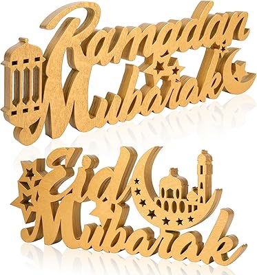 COCHIE 2 Pcs Islamic Tabletop Decors Ramadan Mubarak Wood Sign Eid Mubarak Wooden Table Centerpiece Ramadan Decorations for Home Islamic Home Decor