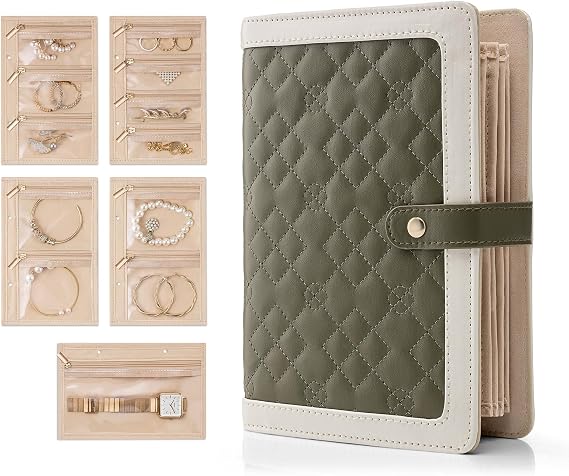 VLANDO Jewelry Book Organizer - Leather Travel Jewelry Case with 5 Detachable Pages for Necklaces, Rings, Earrings, Tangle-Free, Giftable,Olive Green