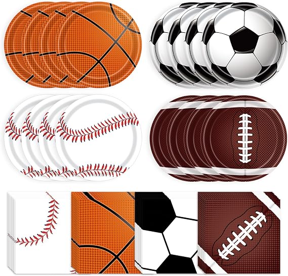 Sports Birthday Party Decorations 80Pcs Sports Party Plates and Napkins Baseball Football Soccer Basketball Rugby Disposable Paper Plates Napkins for