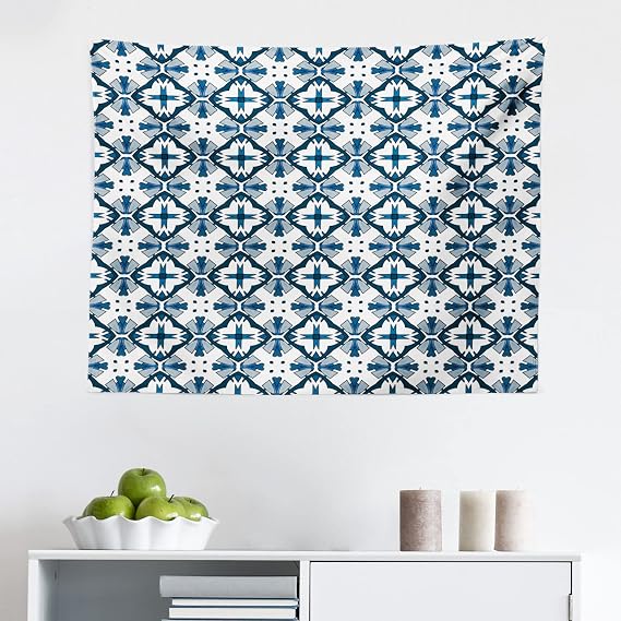 Ambesonne Blue and White Tapestry, Traditional Portuguese Azulejo Tiles Pattern Illustration, Fabric Wall Hanging Decor for Bedroom Living Room Dorm, 28" X 23", Pale Blue Dark Blue