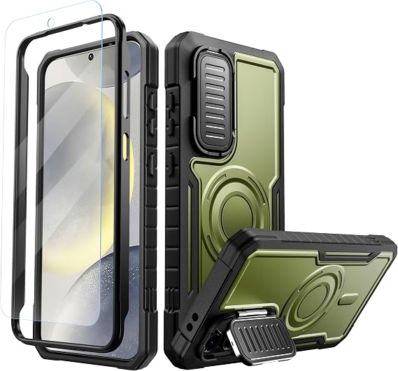 FITO for Samsung Galaxy S24 FE Case with Screen Protector, Military Grade Shockproof Phone Case with Camera Cover and Kickstand (Army Green)