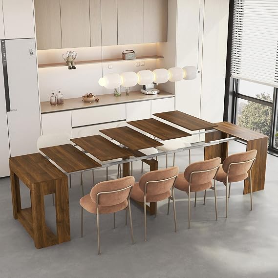 30" - 109" Large Extendable Dining Table, Expandable Table for 2-8 People, Multi-Functional Wood Kitchen & Conference Desk, Brown