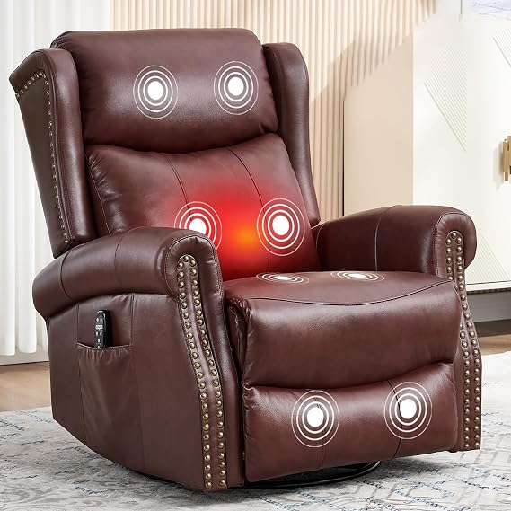 360 Swivel Glider Chair for Nursery, Wingback Genuine Leather Rocking Recliner with Lumbar Heat & Massage, 8-Point Vibration Massage for Living Room Bedroom