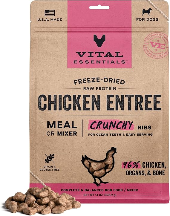 Vital Essentials Freeze Dried Dog Food, Chicken Nibs, 14 oz Bag | Crunchy, Complete Meal or Topper, Made With 96% Chicken, Organs & Bone, High Protein Raw Nutrition, Grain-Free Recipe