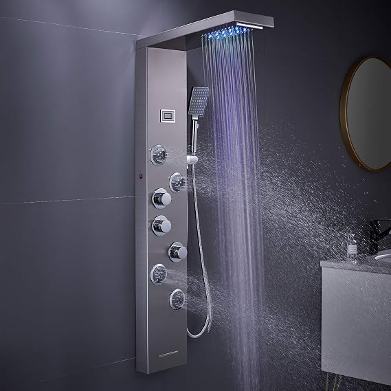 304 Stainless Steel Shower Tower Panel for Home Hotel Resort Renovation Multi-Function (Waterfall Rainfall, Handheld Spout, Bath Spout, LED Light, ℃ Temperature Display), Shower Column Brushed | Robust and durable, anti-limescale nozzles, 4 massage nozzles, easy installation, temperature display, comfortable experience