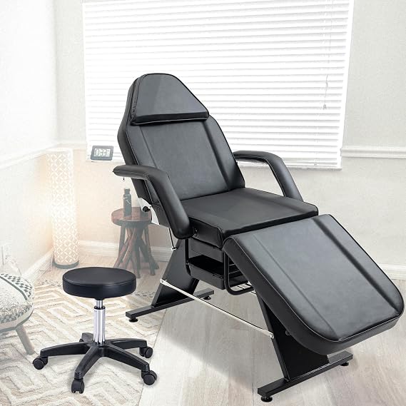 Massage Salon Tattoo Chair with Two Trays,Esthetician Bed W/Hydraulic Stool and Multi-Purpose 3-Section Facial Table,for Barber,Mani-pedis,Spa,Black