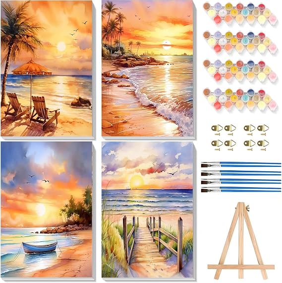 4 Pack Framed Paint by Numbers Kit for Adults Beginners, Beach 8x12 inch