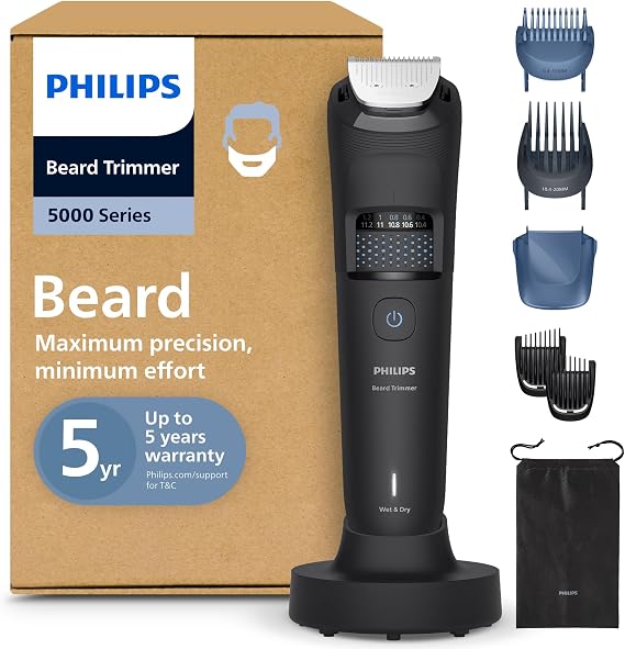 Philips Beard Trimmer 5000 Series - Self-Sharpening Metal Blades, 40 Lock-in Settings, BeardSense Technology, Hair Collector, 100% Waterproof, Fading Comb, Travel Pouch, Model BT5785/30