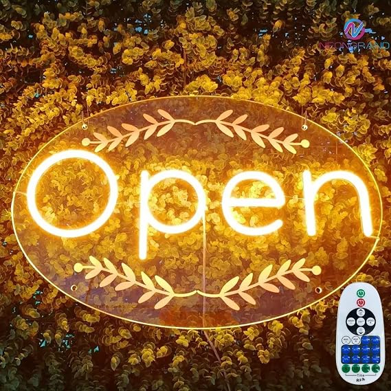 LED Open Sign for business Super Bright - Remote included - Large Size 24x15.5'' - Led Neon Light with Hanging Kit and Plug for Shop, Window, or Business Use vintage style - Orange Yellow