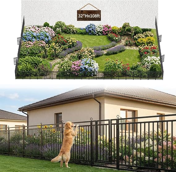 Decorative Garden Fence Metal Dog Fence Outdoor, 32in (H) x 108ft (L), 42 Panels + 6 Gates, Heavy Duty Garden Fencing Animal Barrier for Patio & Flower Bed, Black-Silver