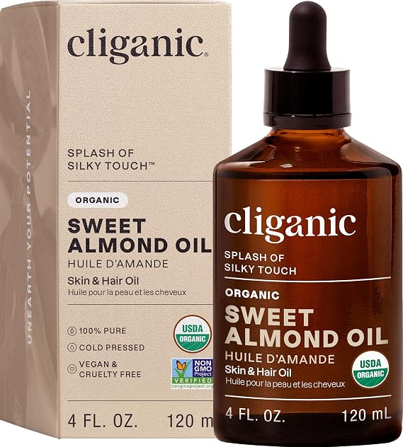 Cliganic Organic Sweet Almond Oil, 100% Pure - for Skin & Hair, Nourishing Carrier Oil for Face & Body