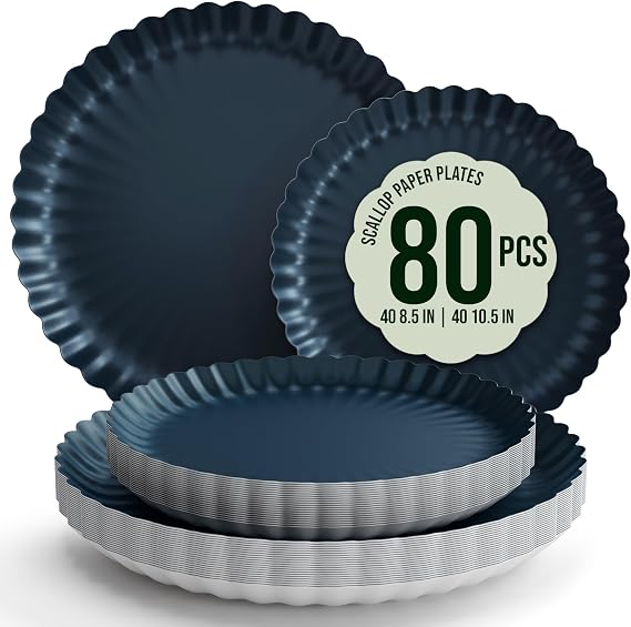 Trendables Scalloped Paper Plates 8.5 Inch & 10.5 Inch 80 Pcs Dinner Plate Set Fancy Disposable Plates for Party for 40 Guests 40 X 8 & 40 X 10 Large & Small Paper Plate Set for Parties Black Aqua