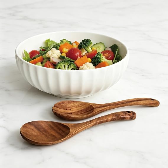 12-Inch Large Ceramic Salad Bowl Set with Wooden Servers, Decorative Serving Bowl with Ribbed Design for Pasta, Fruit (White)