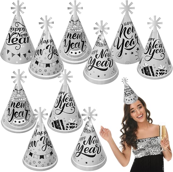 HOWAF 12pcs Happy New Year Party Hats, 2027 Silver New Year's Eve Party Decoration Cone Hats,2027 Black Silver Happy New Year's Eve Party Favors Top Hats,Cheers to the New Year Paper Hats Photo Props