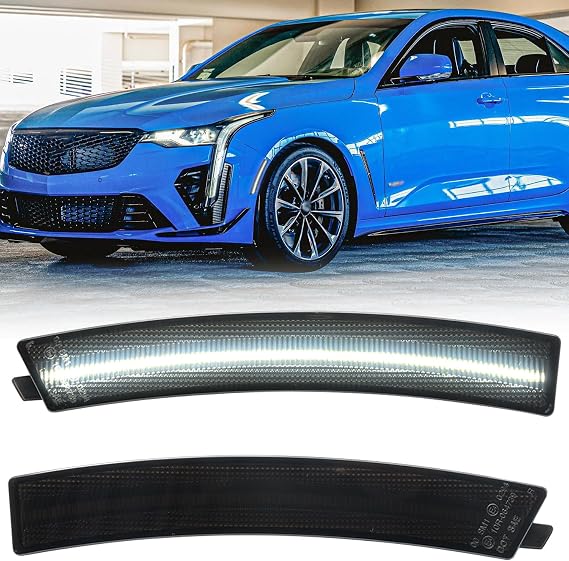 Led Side Marker Lights Compatible w/Cadillac CT4 2020 2021 2022 2023 White Led Front Bumper Side Marker Reflector Repeater Lamp Kit LH RH Smoked Lens Strip Led Sidemarkers OEM Replacement