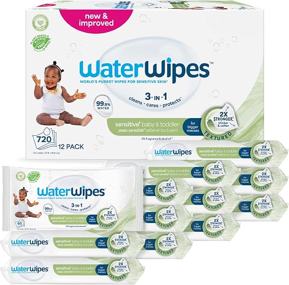 WaterWipes Sensitive+ Baby & Toddler Wipes, 99.9% Water, Unscented, 12 Pack