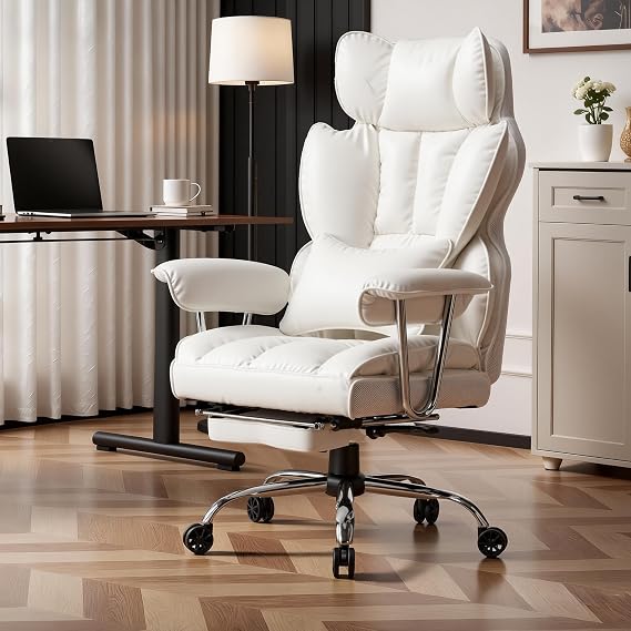 Efomao Ergonomic Office Chair Polyurethane (PU) Leather Executive Chair Office Chair 150 kg with Footrest and Lumbar Support Adjustable Chair with High Backrest White Office Chair
