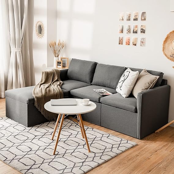 POWERSTONE Convertible Sectional Sofa Couch Modern L-Shaped Couch with Reversible Chaise 3-Seat Sleeper Sofa Set Comfortable Linen Fabric Sofa for Small Space Living Room, Apartment Dark Grey