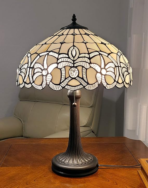 Tiffany Style Table Lamp Banker 24" Tall Stained Glass White Grey Jeweled Beads Vintage Antique Light Decor Living Room Bedroom Handmade Gift AM293TL16B Amora Lighting