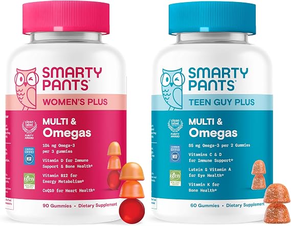 SmartyPants Mother & Son Daily Nutrition Bundle: Womens + Teen Guy Multivitamin Gummies with Omega-3, Methylfolate, Vitamins D3, B12, A & Zinc Gluten Free, Non-GMO, 90 & 60 Count (Pack of 2)