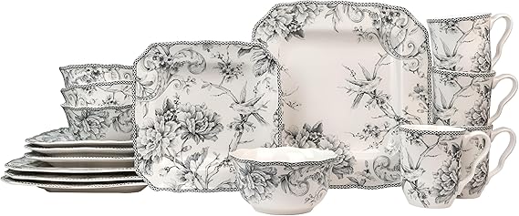 222 Fifth Adelaide Grey 16-Piece Floral Porcelain Dinnerware Set | Microwave and Dishwasher Safe Dining Set for 4 | Stackable and Chip-Resistant Plates Bowls and Cups | Gift for Housewarming & Wedding