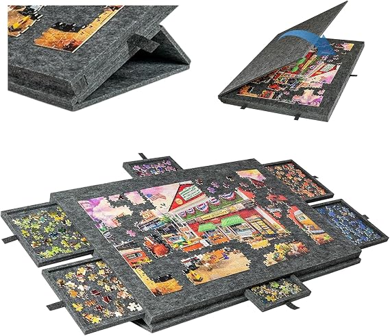Tilting Jigsaw Puzzle Board with 6 Drawers & Cover, Lightweight Portable Puzzle Table with Adjustable Stand for 1000 Pieces, Foldable Non-Slip Felt Puzzle Board for Adults and Kids (Black)
