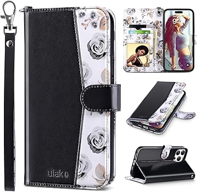 ULAK Compatible with iPhone 15 Pro Wallet Case with Card Holder, Flower Flip Case Wallet for Women Girls PU Leather Kickstand Wrist Strap Shockproof Phone Cover for iPhone 15 Pro 6.1, Black