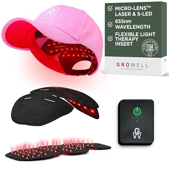 GroWell Red Light Therapy Hair Growth Cap FDA Cleared Laser Treatment for Hair Regrowth and Reduced Shedding LED & Laser Red Light Therapy Clinically Proven in Double-Blind Studies - Pink