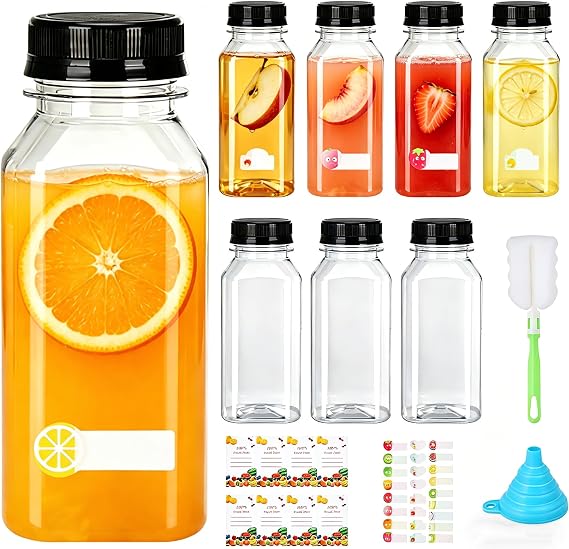 8PCS Juice Bottles 250ml, Plastic Bottles with Lids, Reusable Empty Bottle