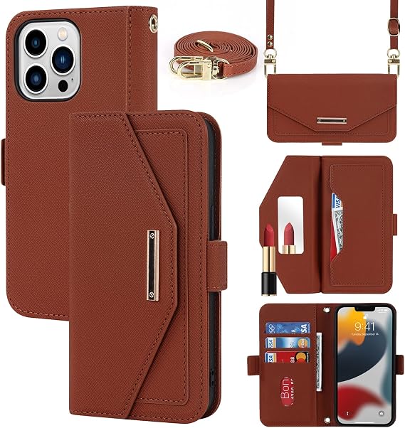 Crossbody Wallet for iPhone 13 Pro Case with Strap,6.1",Brown